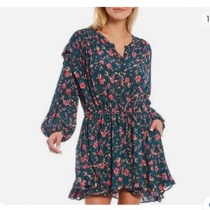 NWT Free People Emerald Flower Fields Long Sleeve Button Mini Dress boho western